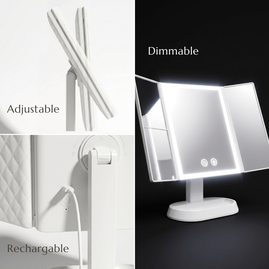 Espejo de maquillaje LED plegable en tres partes