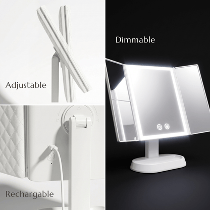 Espejo de maquillaje LED plegable en tres partes