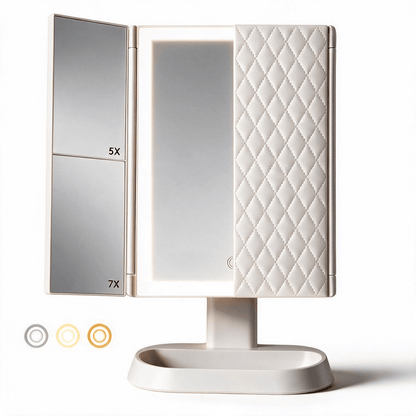 Espejo de maquillaje LED plegable en tres partes