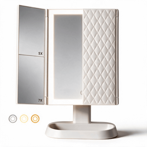 Espejo de maquillaje LED plegable en tres partes