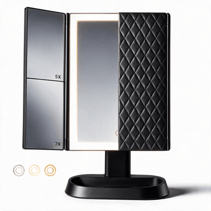 Espejo de maquillaje LED plegable en tres partes