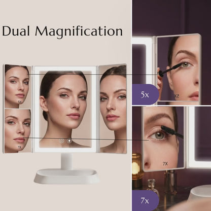 Espejo de maquillaje LED plegable en tres partes