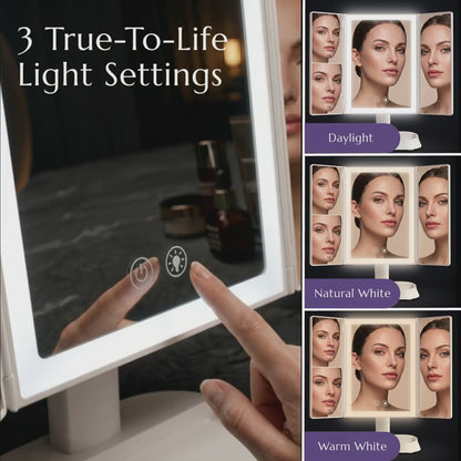 Espejo de maquillaje LED plegable en tres partes