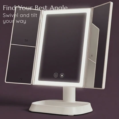 Espejo de maquillaje LED plegable en tres partes